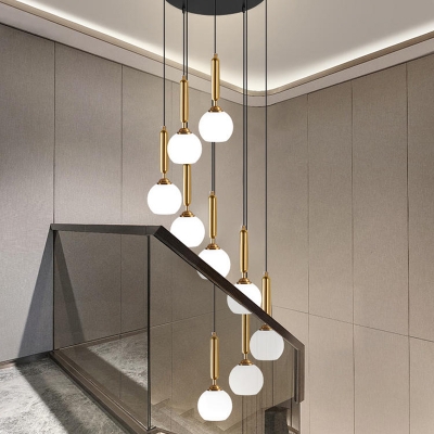 Ball Pendant Light Fixture Modern Frosted White Glass 6/9/12-Bulb Black/Gold Multi Ceiling Light for Hall