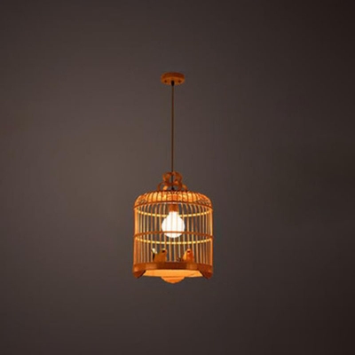 Bamboo Birdcage Hanging Pendant Asian 1-Head Wood Small/Medium/Large Suspended Lighting Fixture