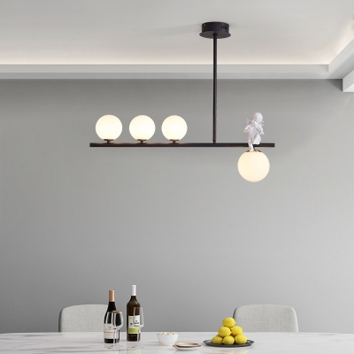 Black/Gold Linear Hanging Lamp Post-Modern 3/4-Bulb Opal Ball Glass Island Pendant with Angel Deco