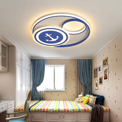 Blue Circle LED Ceiling Lighting Kids Metal Small/Large Flush Mounted Lamp with Anchor Pattern, Warm/White Light