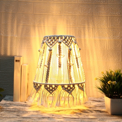 Bohemian Style Hand Knitted Cone Night Lamp Single-Bulb Cotton Roped Table Lighting in Yellow