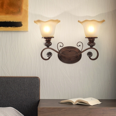 Brown Scroll Arm Wall Lighting Traditional Metal 1/2-Bulb Living Room Sconce Light with Floral Frost Glass Shade