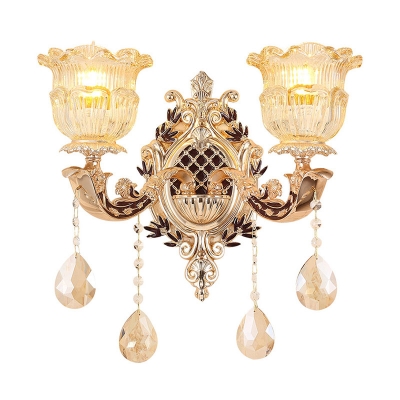 Carved/Opal Glass Gold Wall Lighting Dome/Flower 1/2-Head Traditional Sconce Light Fixture for Bedroom