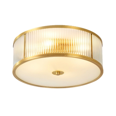 Clear Fluted Glass Drum Ceiling Lamp Simple 4 Lights Bedroom Flush Mount Fixture in Gold with Frosted Diffuser Bottom