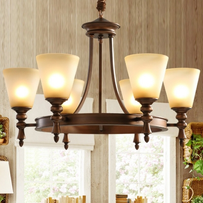 Coffee 4/6/8-Head Up Chandelier Rustic Beige Glass Conical Suspension Pendant Light for Dining Room