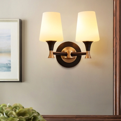 Conical Living Room Wall Lamp Simple Opal Glass 1/2-Head Brass and Black Wall Light Fixture