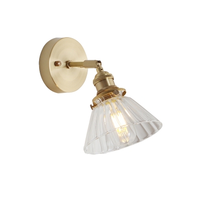Conical Swivel Shade Bedroom Wall Light Loft Clear/Clear Ribbed/White Glass Single Brass/Chrome/Gold Reading Wall Lamp