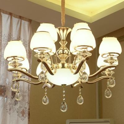 Contemporary Tapered Hanging Light White Glass 8/10/15-Bulb Bedroom Up Chandelier with Crystal Deco