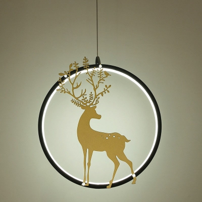 Deer Metal Pendulum Light Art Deco Black/White and Gold Ring LED Ceiling Pendant in Warm/White/3 Color Light