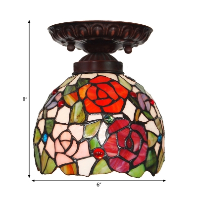 Dome Small Ceiling Flush Light 1-Light Stained Art Glass Tiffany Semi Mount Lighting in Red