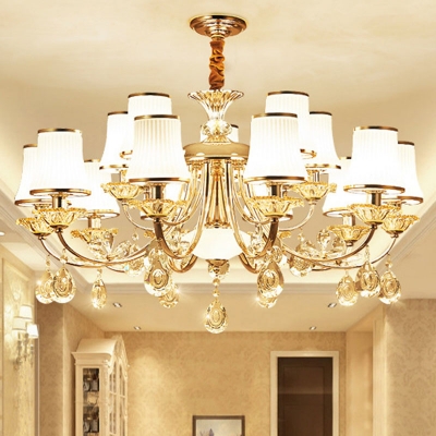 Flared Milk Ribbed Glass Hanging Lamp Traditional 6/10/15 Heads Bedroom Chandelier Light in Gold