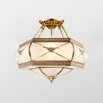 Frost Glass Basket Semi Flush Light Fixture Traditional 3/4/6 Lights Bedroom Close to Ceiling Lamp in Gold