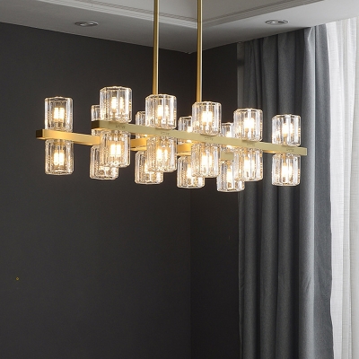 Gold Cylindrical Suspension Light Postmodern Crystal 10/20-Bulb Dining Room Island Pendant Light