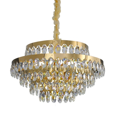 Gold Finish Layers Chandelier Lighting Mid-Century 12/18 Bulbs Oval Crystal Ceiling Pendant with Round/Linear Canopy, Small/Large