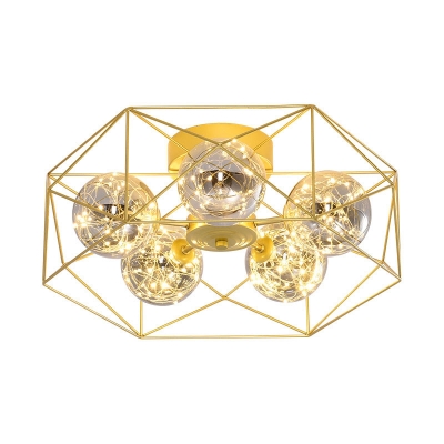 Gold Wire Cage Semi Flush Light Modern 5 Lights Clear Ball Glass LED Ceiling Mount Lamp in Warm/Natural Light