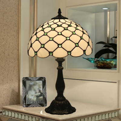Hand-Crafted Glass Green/Gold Night Lamp Lattice 1 Bulb Tiffany Table Light with Jewel