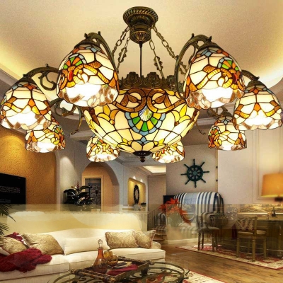 Hand-Cut Stained Glass Yellow Chandelier Bowl 6/8 Heads Baroque Style Ceiling Suspension Lamp