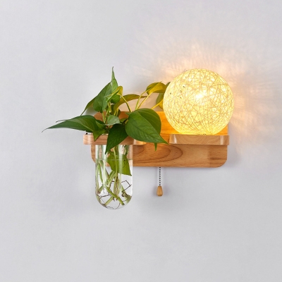 Left/Right Rattan Ball Pull-Chain Wall Sconce Nordic 1 Head White/Pink/Yellow Plant Pot Wall Light with Wood Shelf