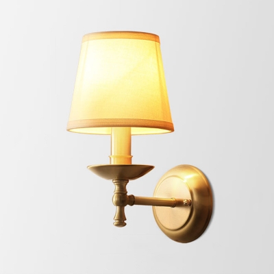 Metal Candle Wall Lamp Countryside 1-Light Bedroom Wall Mounted Light in Gold with Cone Fabric Shade