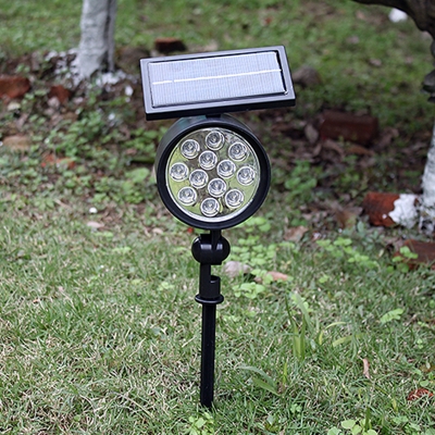Metallic Round Solar Stake Spotlight Modern Black LED Ground Lamp in Warm/White Light for Outdoor