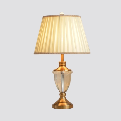 Modern Empire Shade Table Lamp Pleated Fabric Single Living Room Night Light in Beige with K9 Crystal Font
