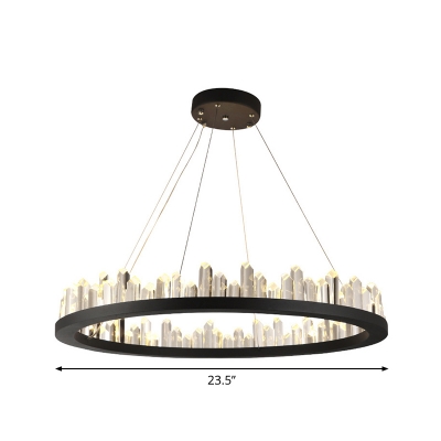 Rectangle/Round Cut-Crystal Pendant Light Simple Sitting Room LED Ceiling Chandelier in Black, 23.5