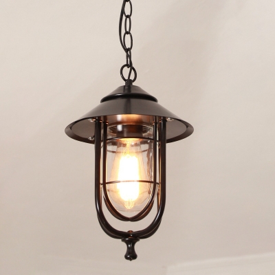Rustic Bell Shaped Pendulum Light Single Clear Glass Ceiling Pendant with Cone Top and Cage, Black/Bronze