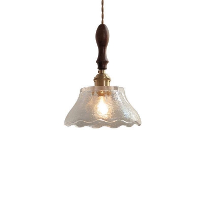 Scalloped Water Glass Hanging Pendant Rustic 1 Bulb Dining Room Suspension Light in Brass/Wood