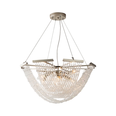 Silver 2/6-Bulb Chandelier Pendant Rural Crystal Beading Bowl Shaped Hanging Ceiling Light, 15