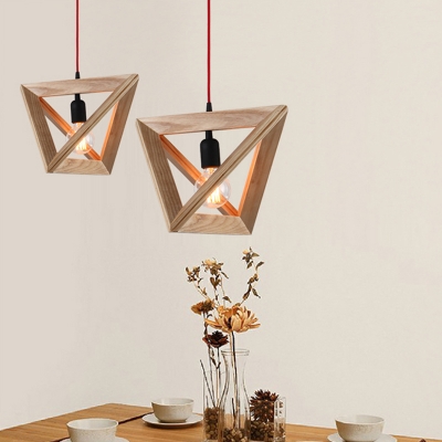 Single Dining Room Down Lighting Modern Beige Ceiling Pendant Lamp with Triangle Wooden Frame, Small/Medium/Large