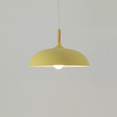Small/Large Macaron Bowl Drop Pendant Metallic Single Dining Room Hanging Light Fixture in Grey/Yellow/Blue with Wood Top