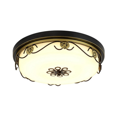 Small/Large Round LED Flush Light Farmhouse Black/Gold Opal Glass Ceiling Fixture with Floral Deco, Warm/White Light/Third Gear