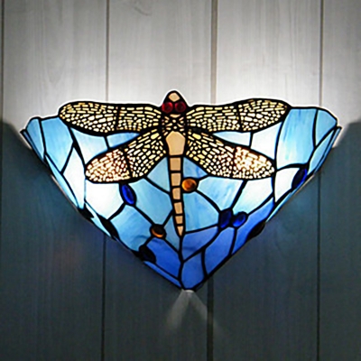 Tiffany Conical Flush Wall Sconce 2-Light Orange/Blue Glass Wall Mount Lamp with Dragonfly Pattern