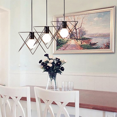 Triangular Iron Multi-Light Pendant Loft Style 3-Head Living Room Ceiling Hang Lamp in Black