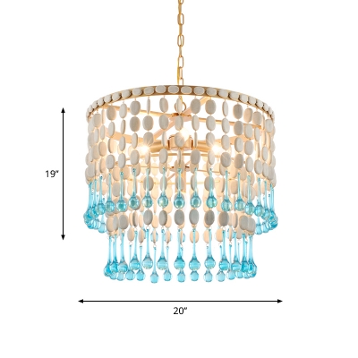 Wooden 1/2-Tiered Fringe Drop Pendant Lodge 4-Bulb Bedroom Ceiling Chandelier with Droplet in Blue-White