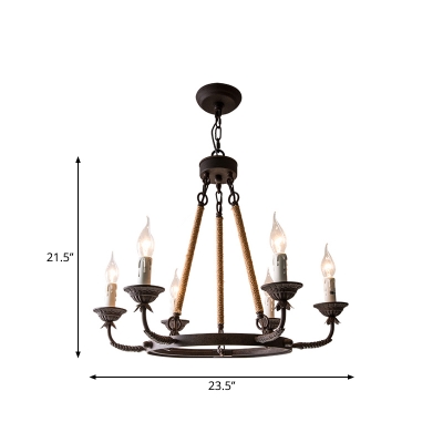 Wrought Iron Rust Chandelier Candlestick 6/8/12 Heads Farmhouse Hanging Pendant Light with Hemp Cord