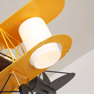 Yellow Biplane Hanging Ceiling Light Kids 2-Head Metal Chandelier with Cylinder White Glass Shade