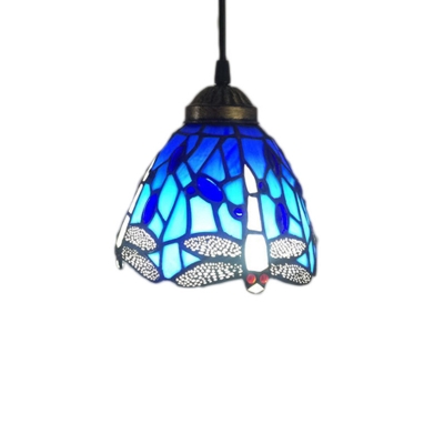 1 Head Bell Mini Pendant Lamp Tiffany Yellow/Blue Cut Glass Hanging Light Kit with Dragonfly Pattern