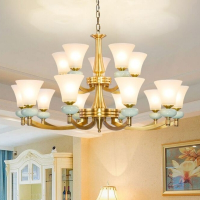 3/24/40-Bulb Chandelier Light Vintage Dining Room Hanging Pendant with Flared Frost Glass Shade in Gold