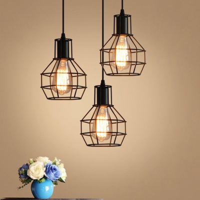 3-Head Hanging Pendant Retro Dining Room Ceiling Light with Globe Iron Cage in Black