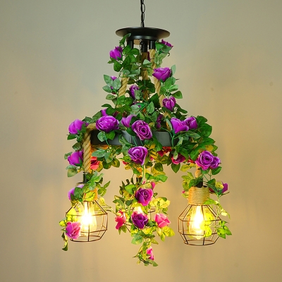 3 Heads Rose/Ivy/Cherry Pendant Lamp Countryside Pink/Green/Purple Metal Rope-Hang Chandelier with Cage