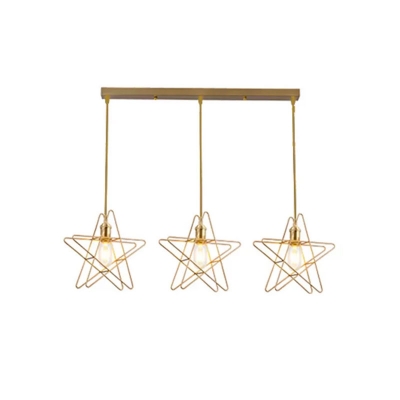 3-Light Metal Cluster Pendant Modern Gold Star Dining Table Hanging Light Kit with Round/Linear Canopy