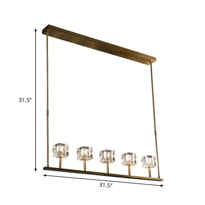 5/10-Light Crystal Cube Hanging Lamp Minimalist Gold Linear Kitchen Island Light Fixture