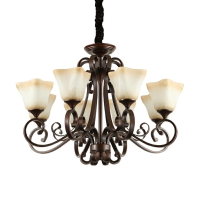 Bell Shaped Bedroom Chandelier Rural White Glass 8/10/12-Light Copper Ceiling Pendant with Scroll Arm