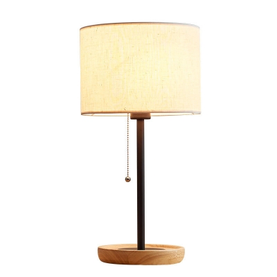 Black/Flaxen Cylinder Table Lamp Nordic 1 Head Fabric Nightstand Light with Pull Chain Switch