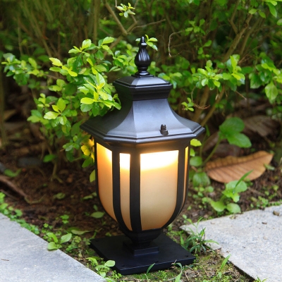 Black Lantern Post Light Vintage Metal Single Garden Lawn Light with Amber Glass Shade, 6.5