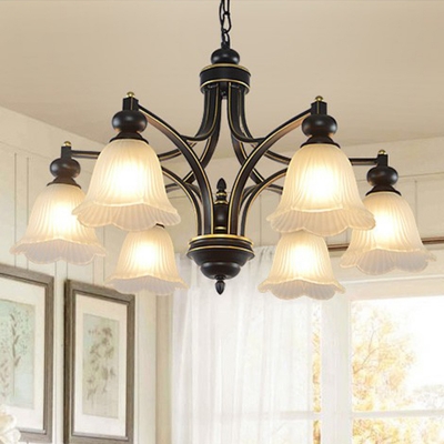 Black Up/Down Floral Chandelier Rustic Frosted Rib Glass 3/6/8-Head Dining Room Ceiling Hang Light