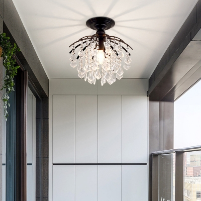 Branch Crystal Pendalogue/Orb Semi Flush Modern 1 Bulb Balcony Ceiling Mounted Light in Black/Brass