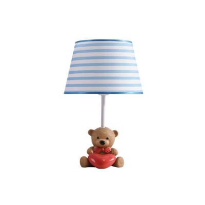 Cat/Bear/Elephant Child Room Night Lamp Resin 1 Head Cartoon Table Light with Tapered Fabric Shade in Beige/Blue-White
