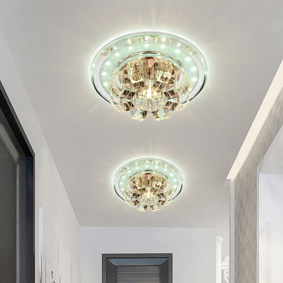 Chrome Round Small Ceiling Fixture Simple Clear Crystal LED Flush-Mount Lighting in Warm/White Light